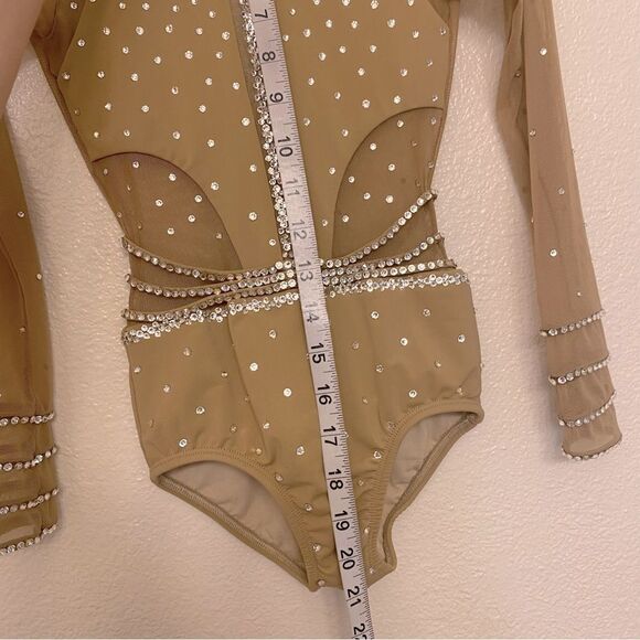 LA dance solo custom tan nude beige long leotard costume mesh rhinestones LC - Picture 13 of 16